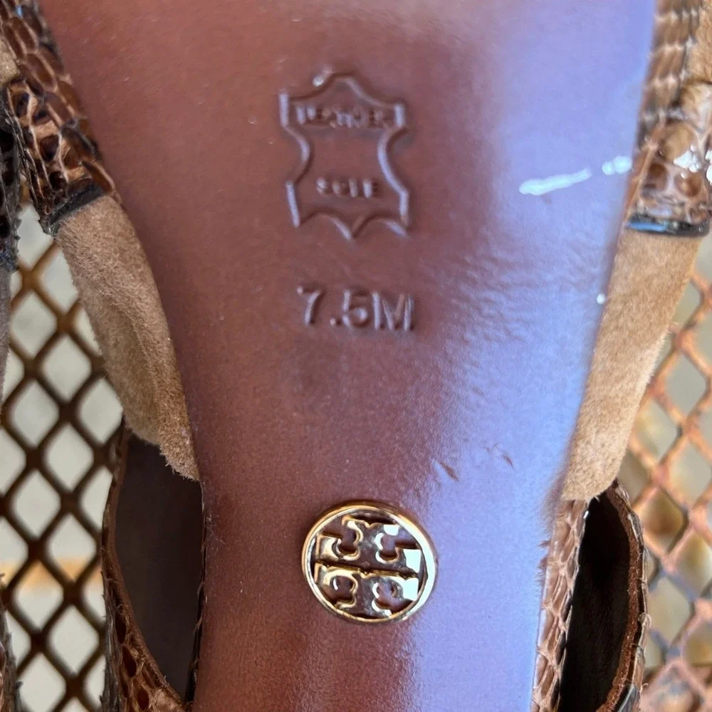 Tory Burch Suede Snakeskin Platform‎ Heels Peep Toe Sandals 7.5M Brown MSRP $425